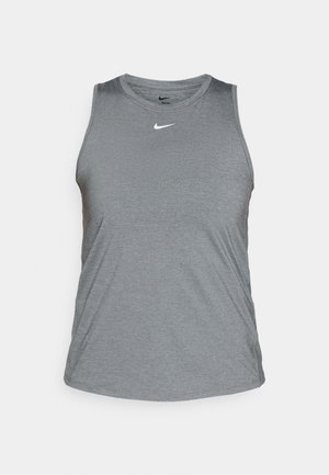 Tricou sportiv fără mâneci, de culoare gri, confecționat dintr-un material ușor și care absoarbe umezeala. Are un decolteu rotund și un mic logo alb Nike pe piept.