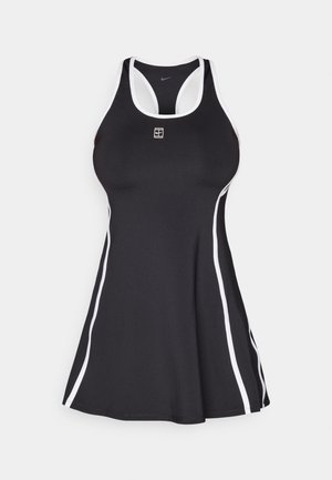 Black athletic dress with a fitted bodice and flared skirt, featuring white side stripes and a small logo on the chest. Smooth texture.