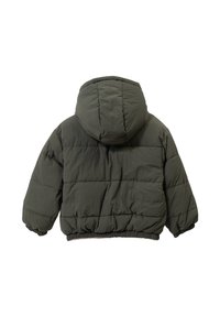 Giacca imbottita verde oliva scuro con cappuccio, polsini elastici e design corto con trama trapuntata e orlo inferiore stretto.