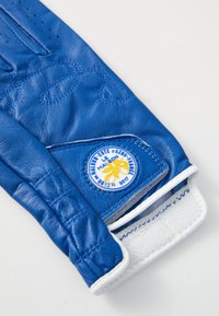 Royal blue leather glove featuring perforations, white accents, and a circular blue and yellow emblem with "Le Maison." Smooth texture.