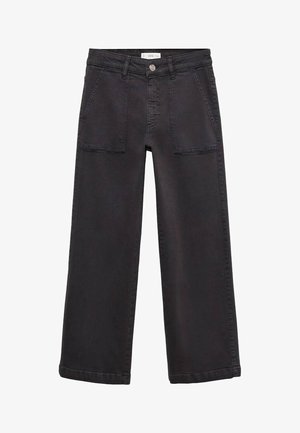 Sorte vidde bukser lavet af denim, med høj talje, to forlommer og lukning med knap. Glat tekstur med en ren finish.