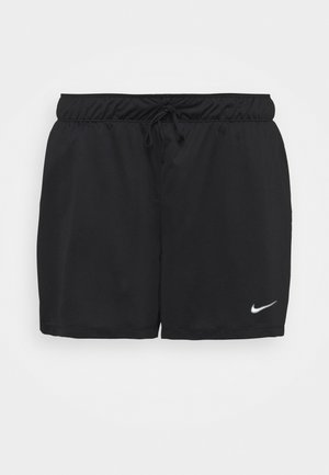 Czarne spodenki sportowe z elastyczną talią i sznurkiem, z białym logo Nike Swoosh na dolnej prawej nogawce.