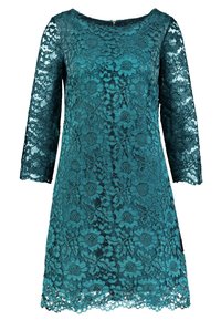 Tyrkysové krajkové šaty s dlouhými rukávy, květinovým vzorem, kulatým výstřihem a vykrojeným lemem. Měkká textura s jemným, složitým krajkovým vzorem.