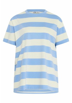 Light blue and white wide horizontal striped short-sleeve cotton T-shirt with crew neck, size label LTS UK 10 visible inside collar.
