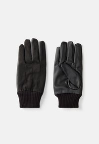 Gants en cuir noir avec un poignet en tricot côtelé ; un gant présente une finition lisse tandis que l'autre a une surface texturée.