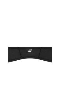 Zwart hoofdband van rekbare stof met een gebogen ontwerp, versterkte stiksels en een klein reflecterend logo in het midden.