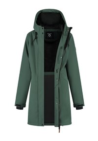 Donkergroene lange winterjas met capuchon, een ritssluiting aan de voorkant, drukknoopsluiting, een borstzak en verstelbare polsbanden, gevoerd met zwarte fleece.