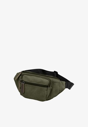 Olivengrøn bæltetaske lavet af tekstureret lærred, med flere lynlåslommer og en sort justerbar rem. Holdbart design med læderdetalje.