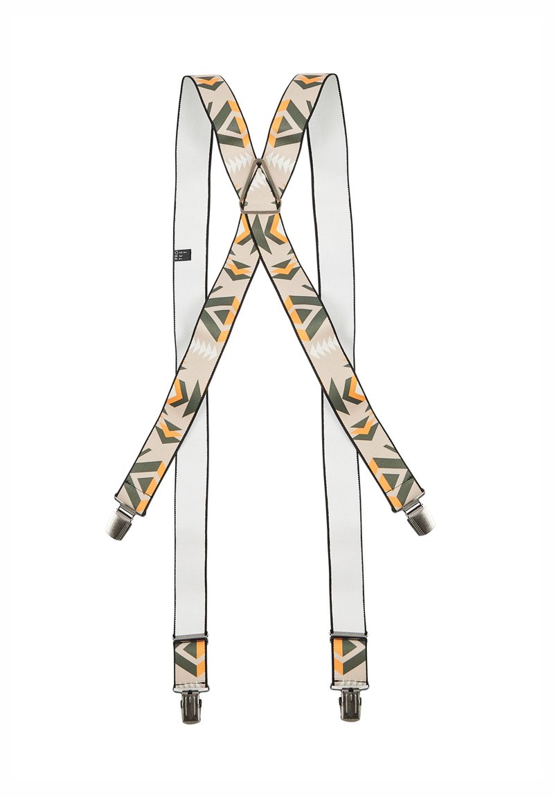 Verstelbare bretels met een geometrisch patroon in groen, oranje en beige, voorzien van zilveren metalen clips en zwarte afwerking.