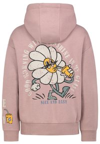 Roze katoenen hoodie met een cartoonbloem met zonnebril. De tekst luidt: "Goedemorgen met zonneschijn in mijn glas" en "Mooi en eenvoudig."
