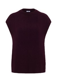 Violetti neulepaita, jossa on veneenkauluksellinen ja hihatön malli. Ominaisuuksiin kuuluu teksturoitu ribbaus ja löysä, rento istuvuus. Ei näkyvää metalliosaa tai koristeita.