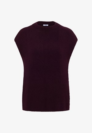 Haut en tricot violet avec un décolleté bateau et des manches courtes. Présente un design à côtes texturé et une coupe ample et décontractée. Aucun matériel ou accent visible.