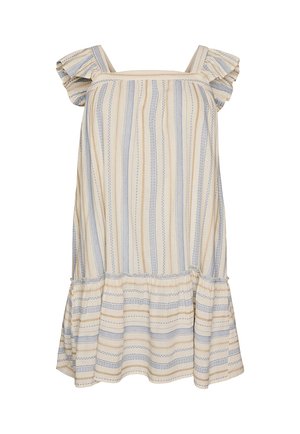 Robe d'été sans manches, longueur genou, à rayures verticales bleues et beige, épaules volantées et ourlet froncé.