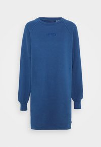 Blaues Sweatkleid mit langen Raglanärmel, Rundhalsausschnitt und gesticktem Logo auf der Brust. Weicher Stoff und lässige Passform.