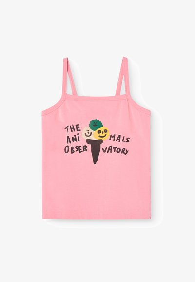 Roze katoenen tanktop met een speelse afbeelding van een ijsje met lachende gezichten en de tekst "THE ANIMALS OBSERVATORY" in het zwart.