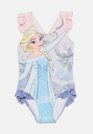 Jentebadedrakt i ett stykke med rysjer på skuldrene og åpninger ved bena, med et stilisert bilde av en blond prinsesse i en glitrende blå kjole.