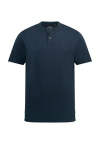 Marineblaues kurzärmliges Poloshirt mit einem knöpfbaren Henley-Ausschnitt, geripptem Saum und weichem Baumwollmaterial. Minimalistisches Design, ohne Muster oder Akzente.