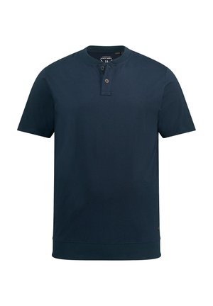 Polo de manga corta azul marino con cuello henley abotonado, dobladillo acanalado y material suave de algodón. Diseño minimalista, sin estampados ni acentos.