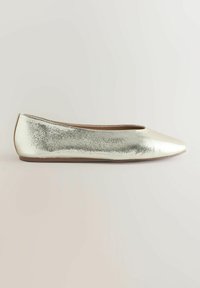 Metallisch silberner flacher Schuh mit einem eleganten Design, spitz zulaufender Form, glatter Textur und minimalistischem Erscheinungsbild. Verfügt über eine niedrig profilierte Sohle.