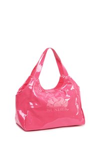 Borsa a mano rosa lucida con una parte superiore arrotondata, due tracolle e un delicato motivo con logo. Realizzata in materiale verniciato, presenta un interno spazioso.
