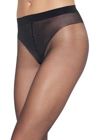 Collant neri trasparenti con una finitura liscia, dotati di un ampio elastico in vita e dettagli di cucitura discreti lungo le cuciture.