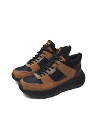Brown and black high-top sneakers featuring a mix of leather and textile material, with rubber soles and contrasting graphics on the sides.
