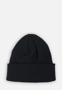 Bonnet en tricot noir avec un revers côtelé et une texture lisse, présentant un sommet arrondi. Idéal pour être porté par temps froid.