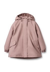 Ljusrosa vattentät jacka med huva, elastiska ärmslut och sidofickor. Designad med en slät yta och en framknäppning med tryckknappar.