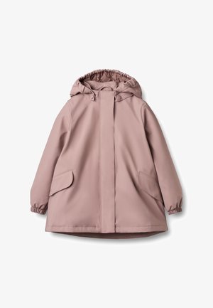 Vaaleanpunainen vedenpitävä takki, jossa on huppu, joustavat hihansuut ja sivutaskut. Suunniteltu sileällä pinnalla ja edessä nepparilla suljettavaksi.