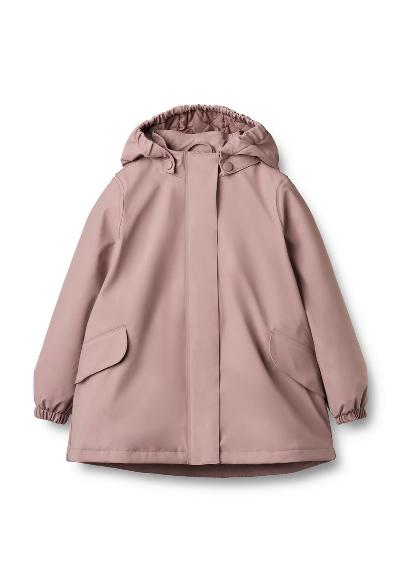 Ljusrosa vattentät jacka med huva, elastiska ärmslut och sidofickor. Designad med en slät yta och en framknäppning med tryckknappar.