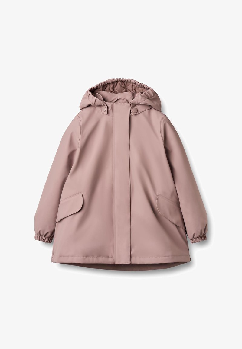 Šviesiai rožinė nepralaidi vandeniui striukė su kapišonu, elastiniais rankogaliais ir šoninėmis kišenėmis. Sukurta su lygaus paviršiaus tekstūra ir priekyje užsegama spaudėmis.