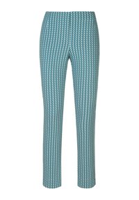 Patroonleggings in teal en wit, gemaakt van rekbaar materiaal, met een v-hals ontwerp, een aansluitende vorm en een elastische tailleband.