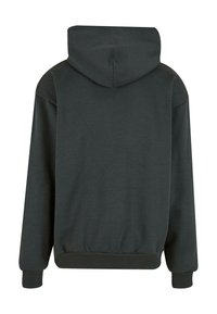 Dark gray hooded sweatshirt, featuring a relaxed fit, ribbed cuffs and hem, soft fabric texture, and a simple, clean design.