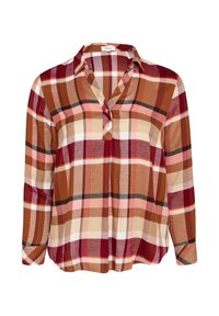 Langarm geruiten shirt in bruin, rood en roze. Heeft een V-hals en een knoopsluiting. Zacht materiaal met een relaxte pasvorm.