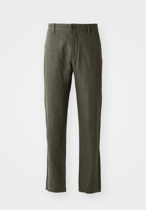 Olivengrønne linnedbukser med lige snit, der har en frontknaplukning og sidelommer. Stoffet har en tekstureret overflade.