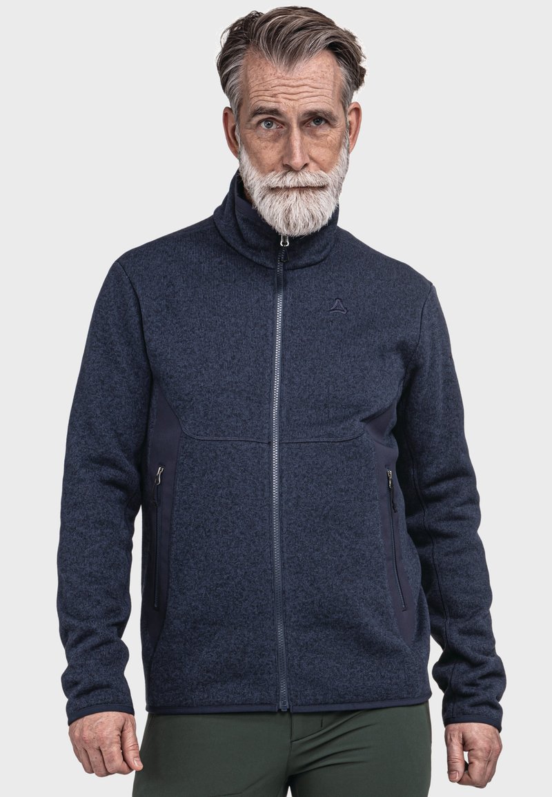 Marineblaue Fleecejacke mit hohem Kragen, durchgehendem Reißverschluss und Seitentaschen; verfügt über kontrastierende dunkelblaue Einsätze und ein strukturiertes Muster.