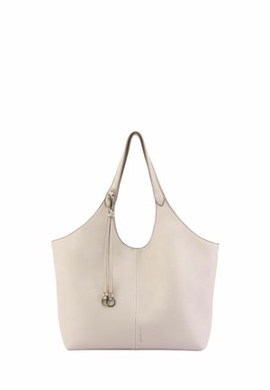 Beige leather tote bag with a single shoulder strap and decorative tassel detail, featuring a smooth, minimalist design.