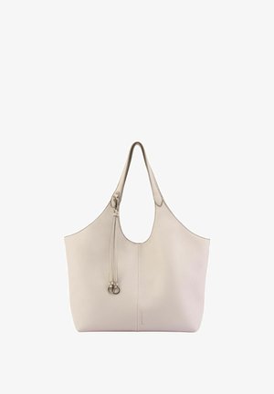 Sac fourre-tout en cuir beige avec une sangle d'épaule unique et un détail de pampille décorative, présentant un design lisse et minimaliste.