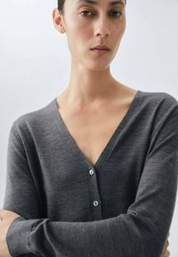 Grauer Cardigan aus feinem Strickmaterial mit V-Ausschnitt, ausgestattet mit zwei Knöpfen in kontrastierenden Farben und langen Ärmeln.