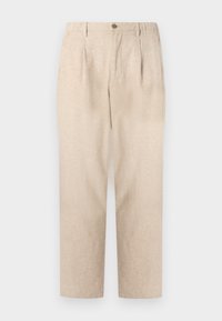 Beige linen trousers with pleats, elastic waistband, and a single button closure. Straight-leg design with a textured finish.