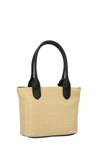 Sac fourre-tout en paille tissée de couleur beige avec des poignées en cuir noir. Présente une forme structurée et une surface texturée avec un contour noir contrastant.