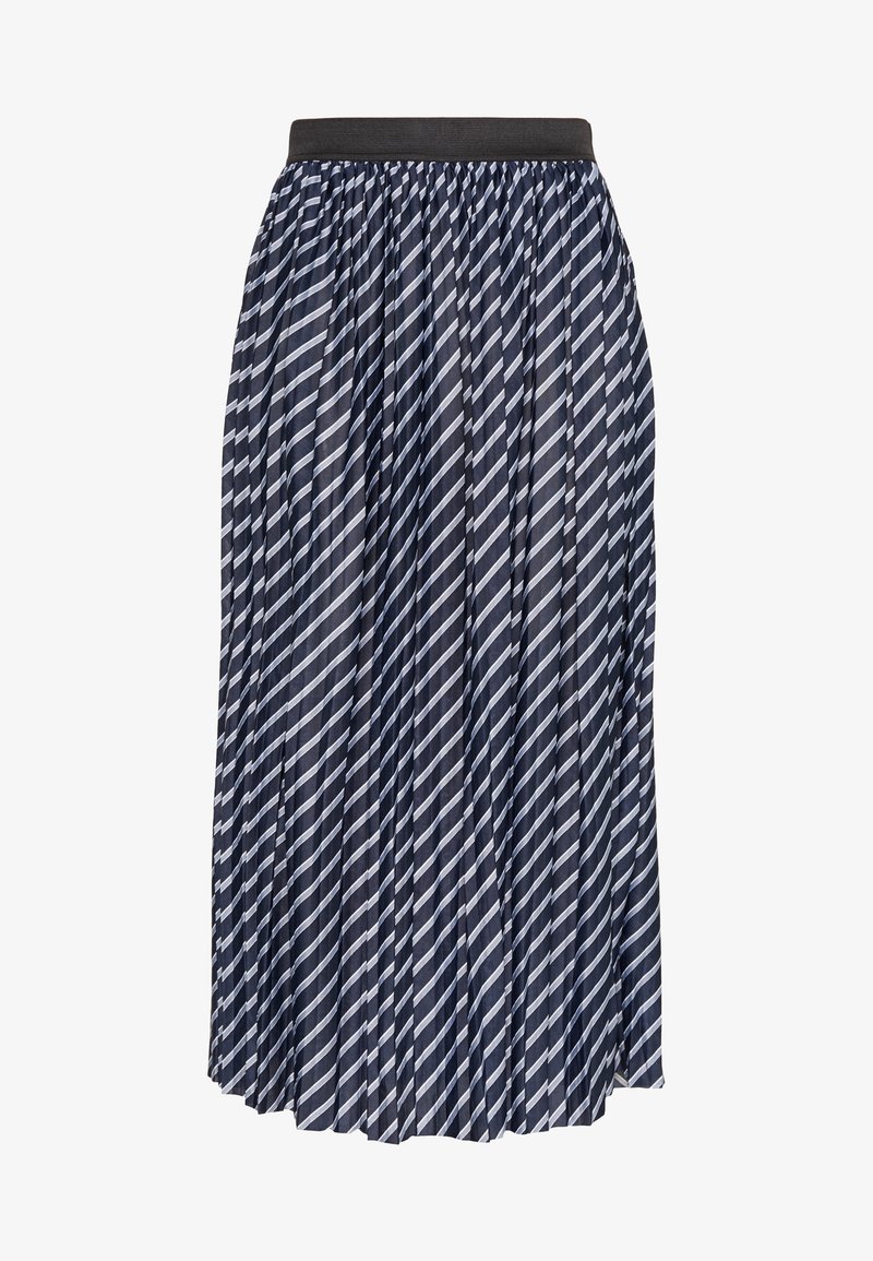 Jupe plissée bleu marine avec des rayures blanches diagonales et une ceinture élastique noire unie, longueur au genou.