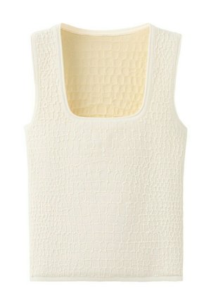 Top bez rukava krem boje s teksturiranim uzorkom kvadrata i širokim, zaobljenim kvadratnim izrezom.