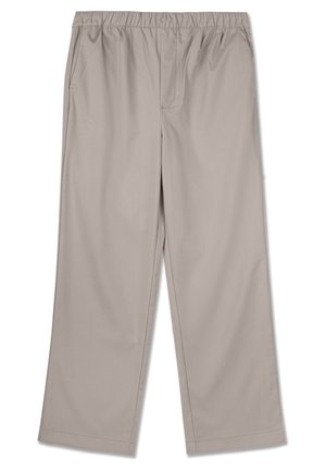 Beige, wide-leg pants with an elastic waistband. Made of a smooth fabric, featuring side pockets and a straight cut, with no visible patterns.