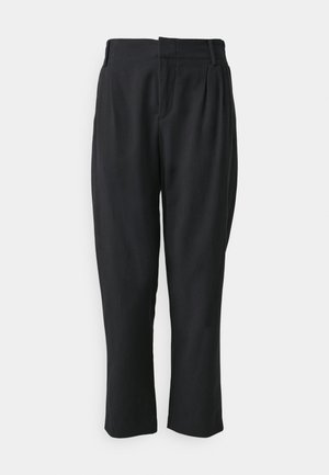 Pantaloni negri cu un design cu talie înaltă, croi drept, textură netedă și pliuri frontale. Realizați dintr-un material ușor.