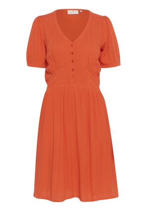 Klassikaline oranž kleit V-kaelusega, lühikeste puhvis varrukate ja nupukujundusega ees, plekitud seelik ning tekstuuriga kangas.