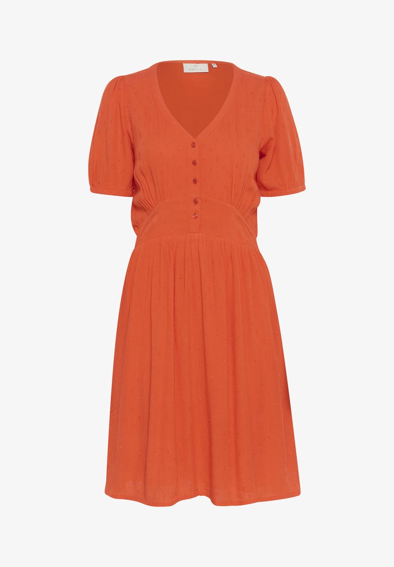 Oranžové šaty s výstrihom do V, krátkymi puff rukávmi, gombíkovými detailmi na prednej strane, skladanou sukňou a štruktúrovanou látkou.