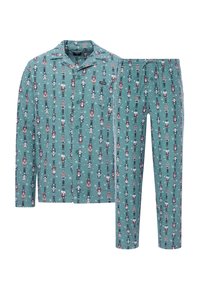 Cotton pajama set featuring a teal background with a repeated nutcracker print, long-sleeved button-up top, and elastic-waist pants.