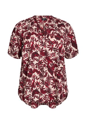 Blusa floral en crema con patrones de hojas en rojo y burdeos oscuro, mangas cortas, escote en V y un corte relajado con un dobladillo curvado.