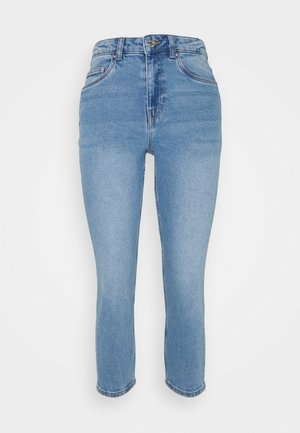 Højtaljede, lyseblå denimjeans med forreste knap og lynlås, lommer foran og bagpå samt lige ben.